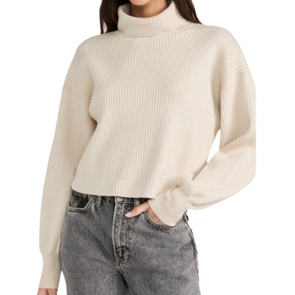 Good American Wide Rib Mock Neck Crop Sweater - Oatmeal Size XS